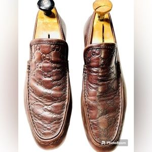 Pre-owned Gucci 'GG' Driving Loafer Shoes Brown Leather Mens European Size 8